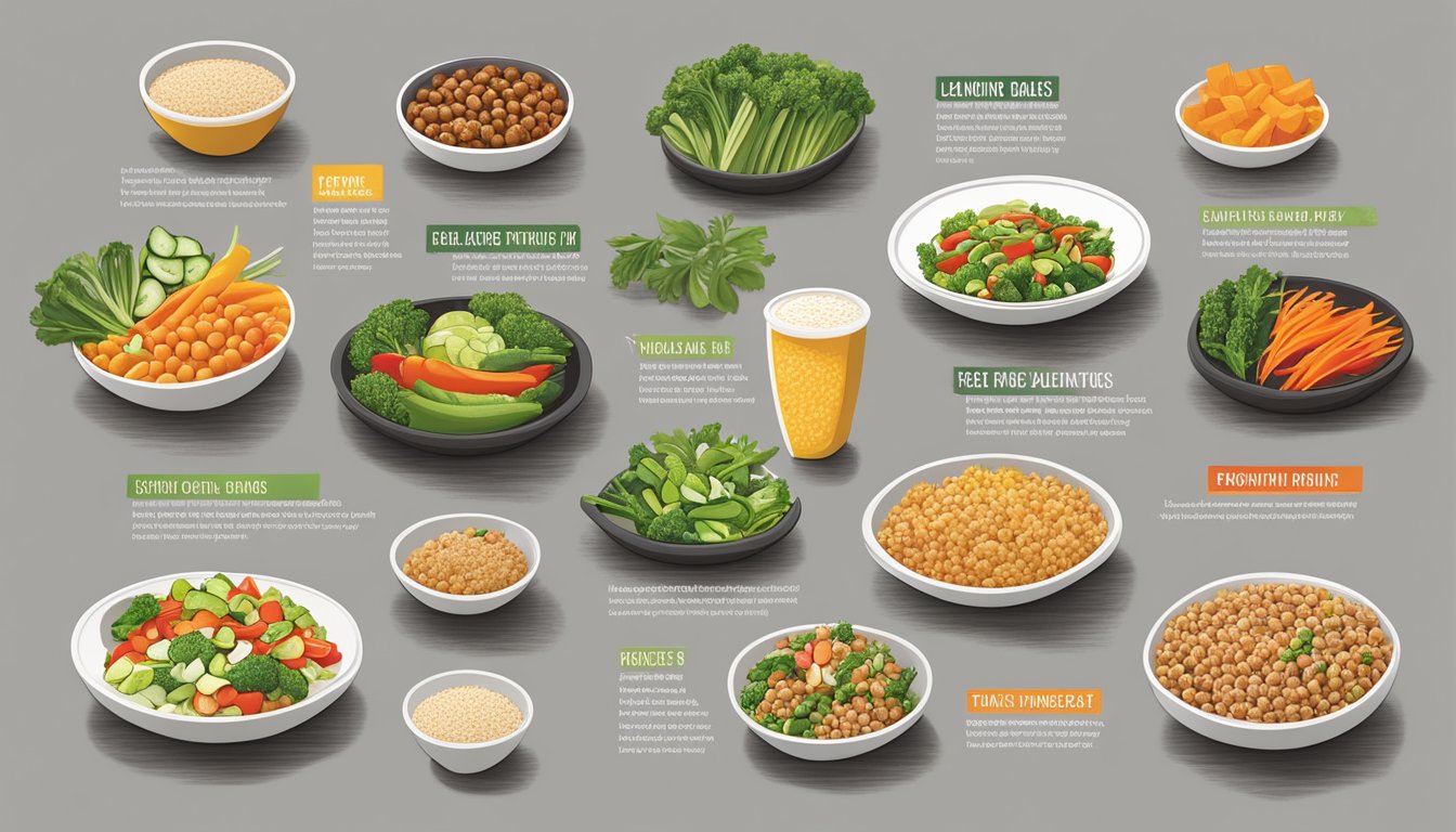 A colorful array of fresh vegetables, lean proteins, and whole grains displayed on a clean, modern menu board at Pei Wei