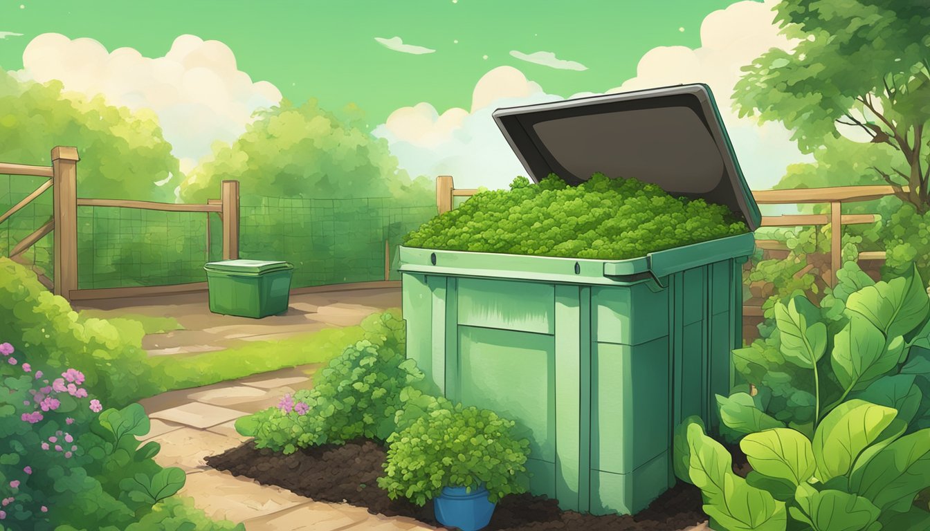 A compost bin filled with algae and organic waste, surrounded by a garden with lush green plants and a sunny sky overhead