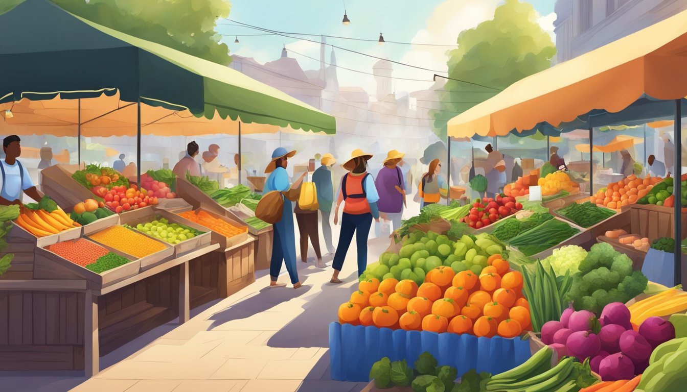 A vibrant farmers' market with colorful produce stalls and a variety of fresh, organic foods