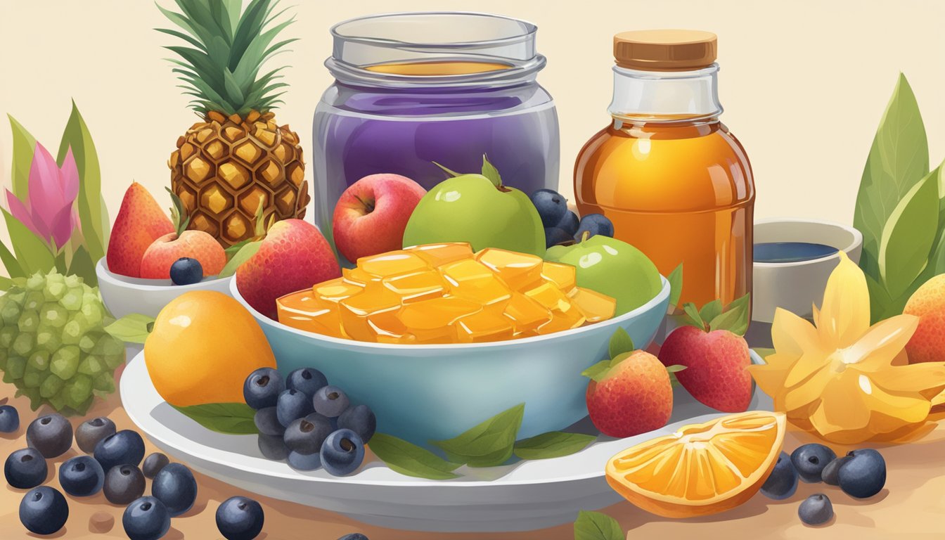 A bowl of fresh fruit surrounded by colorful jars of honey, maple syrup, and agave nectar