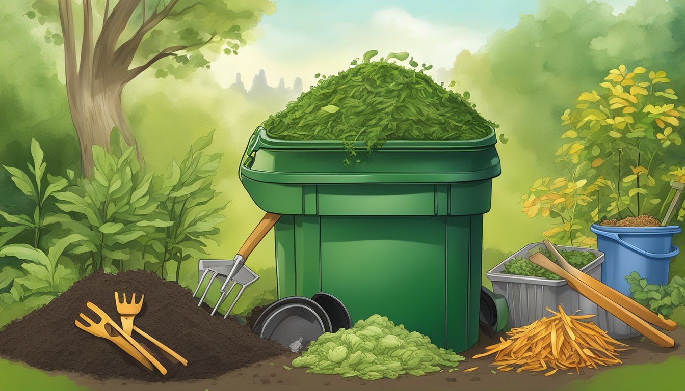 Algae, leaves, and food scraps form a compost pile, surrounded by a bin and garden tools