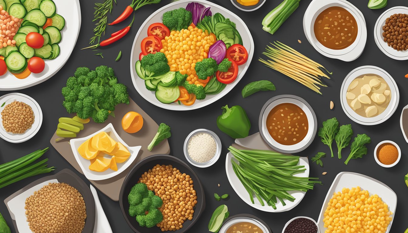 A colorful array of fresh vegetables, lean proteins, and whole grains displayed on a clean, modern table at Pei Wei