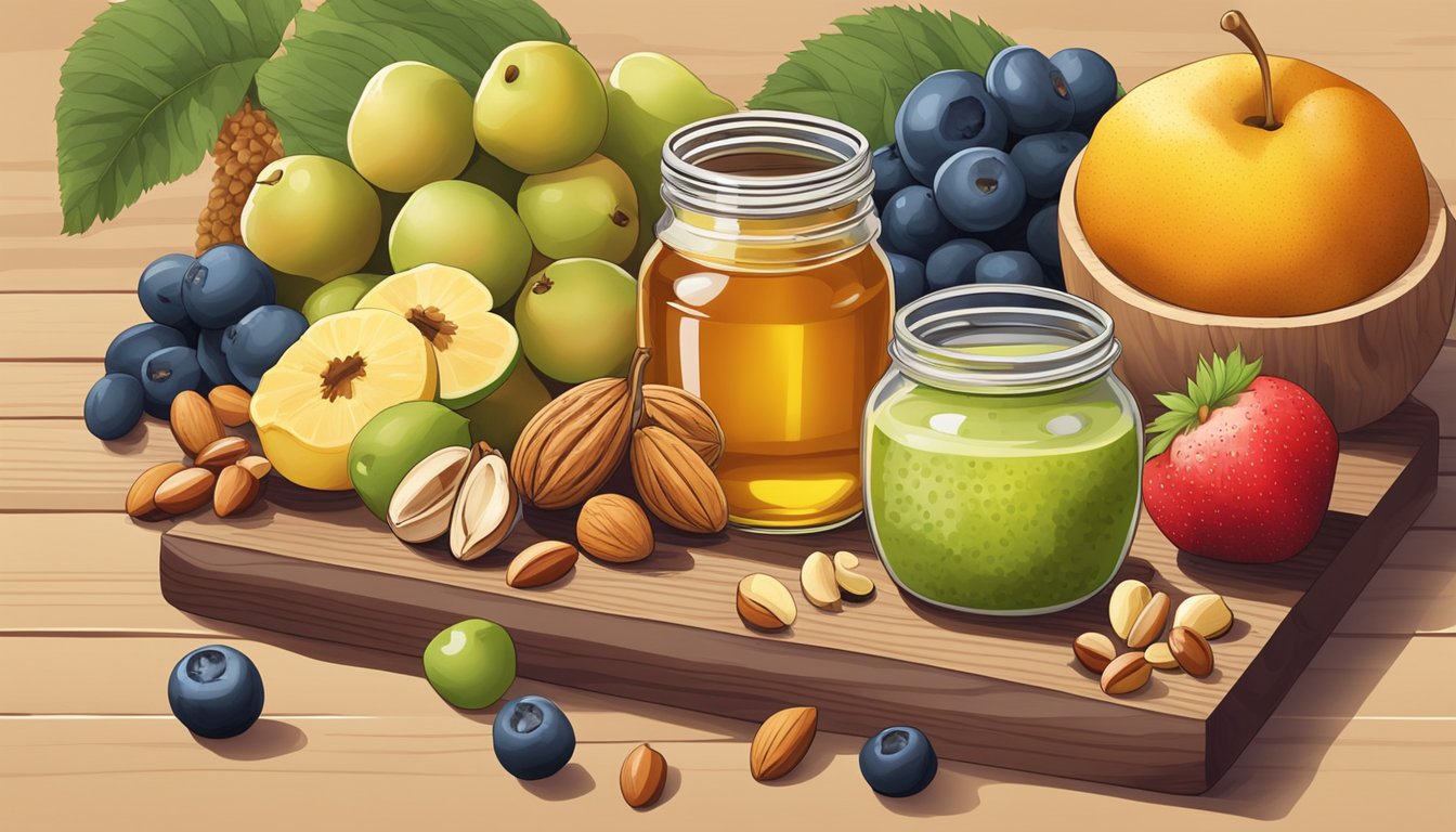 A colorful array of fresh fruits and nuts arranged on a wooden cutting board, with a jar of honey nearby