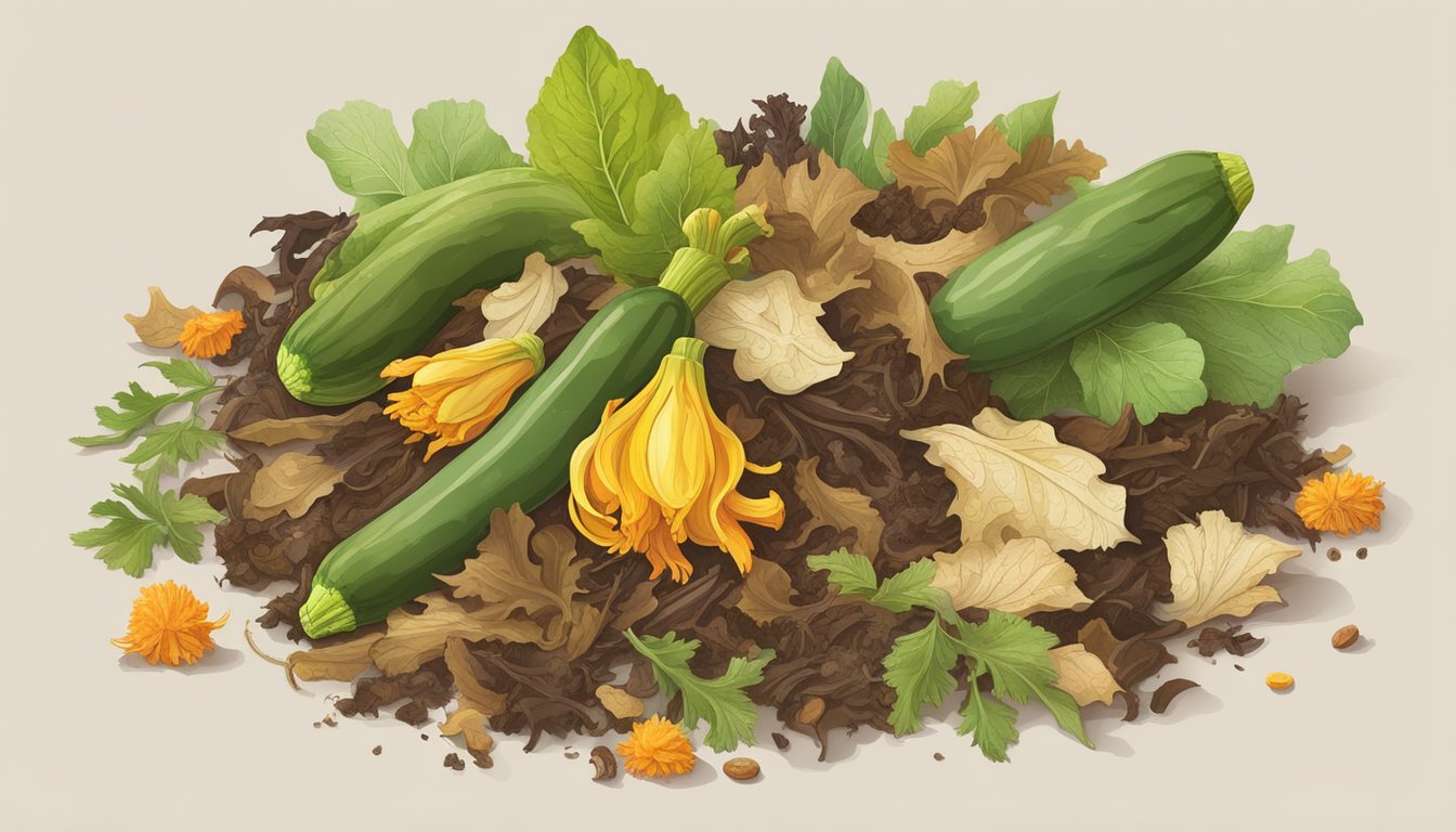 A pile of compostable materials, including zucchini flowers, surrounded by a mix of green and brown organic matter. Twigs, leaves, and food scraps are visible