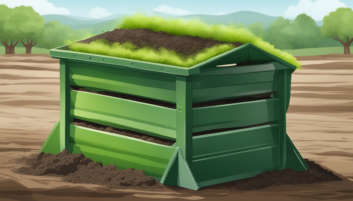 A compost bin filled with layers of green algae, brown organic matter, and soil, with aeration holes and a lid for managing the composting process