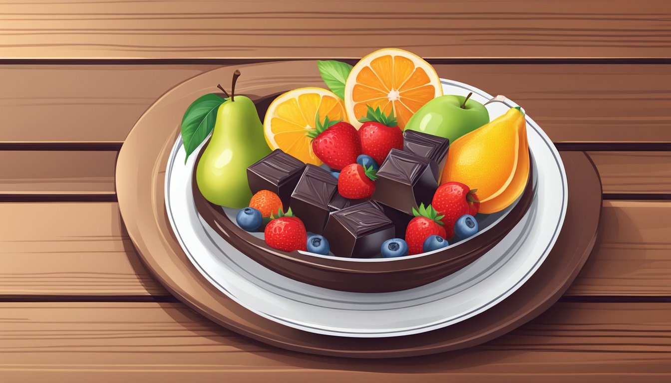 A bowl of assorted fresh fruits and a plate of dark chocolate squares on a wooden table