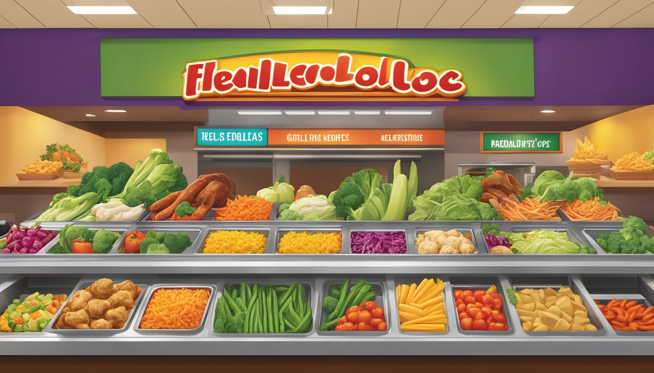 A colorful array of fresh vegetables and grilled chicken on display at El Pollo Loco, with vibrant signage promoting healthy options