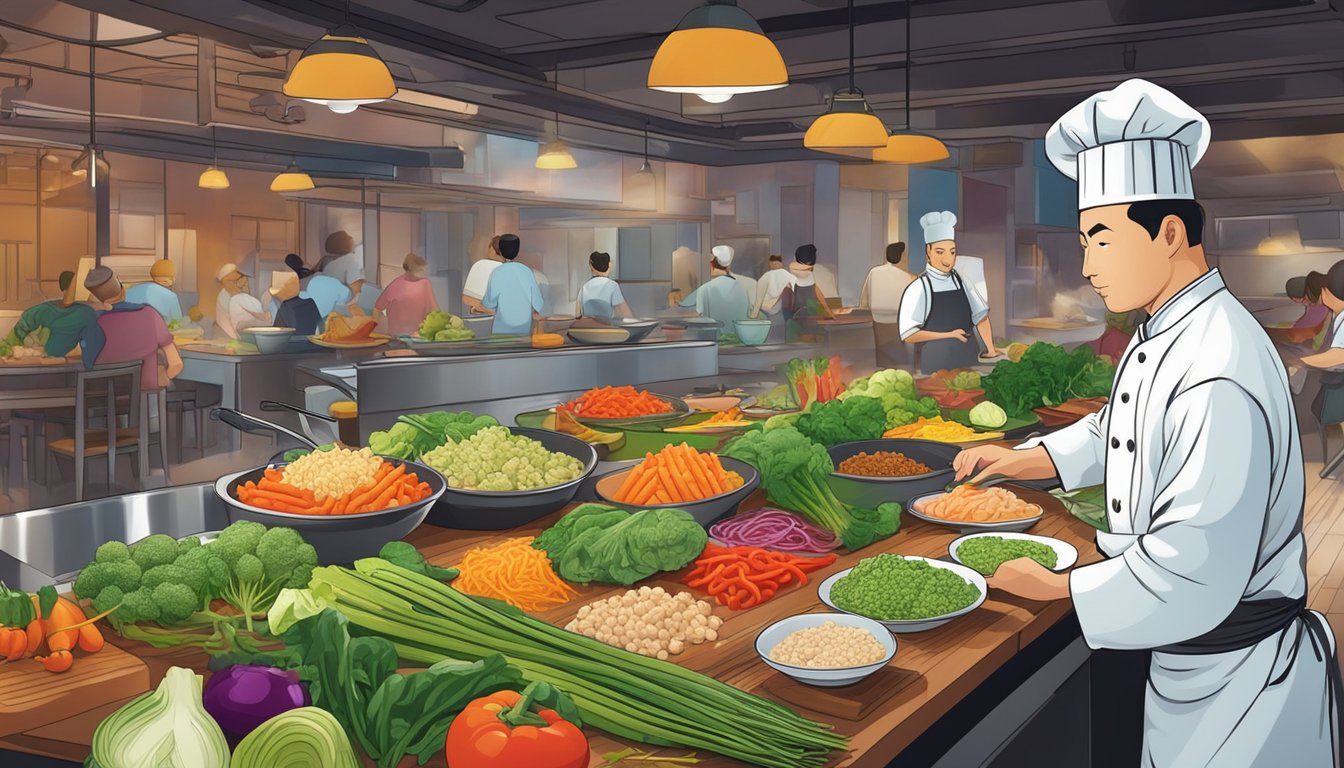 A colorful array of fresh vegetables and lean proteins displayed on a table, with a chef preparing a stir-fry dish at a bustling Asian restaurant