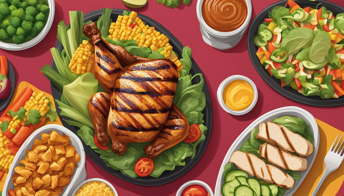 A vibrant display of fresh vegetables and grilled chicken at El Pollo Loco