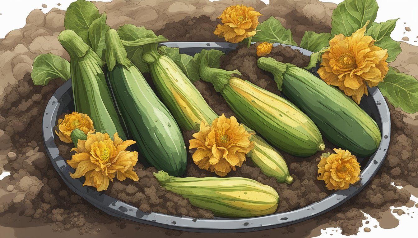 A pile of zucchini flowers and other byproducts sits in a compost bin, surrounded by rich soil and decomposing organic matter