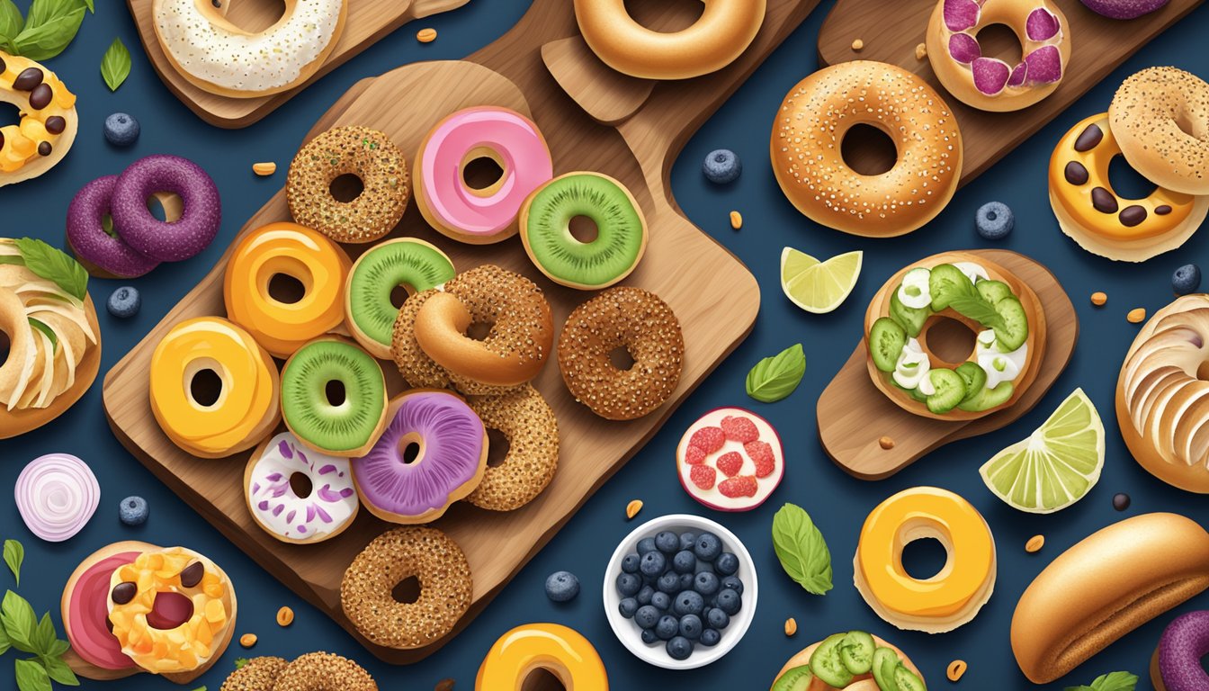 A spread of colorful, fresh bagels and a variety of nutritious toppings displayed on a wooden board