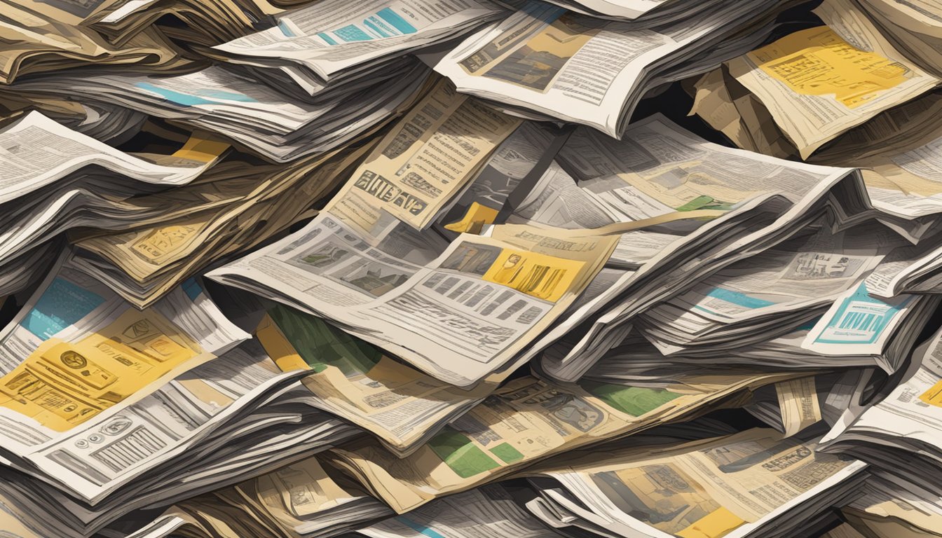 A pile of yellowed newspapers being torn into strips and layered with other compostable materials in a large compost bin