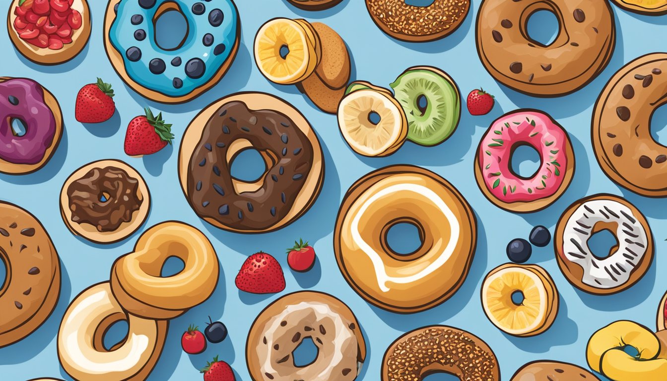 A colorful display of assorted whole grain and multigrain bagels, surrounded by fresh fruit and low-fat spreads at an Einstein Bros. Bagels shop