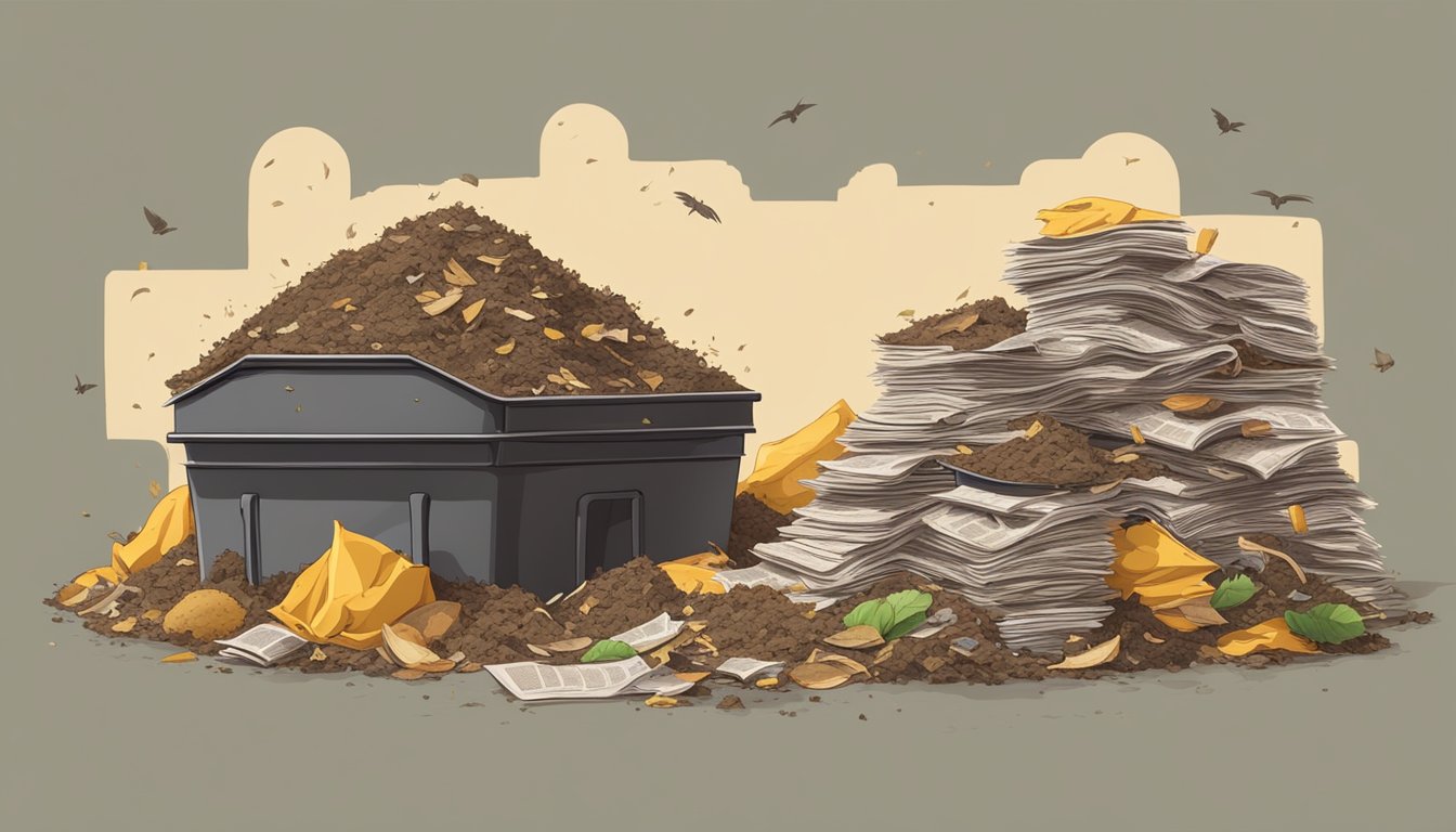 A pile of compost with yellowed newspapers layered throughout, surrounded by various organic waste and a composting bin