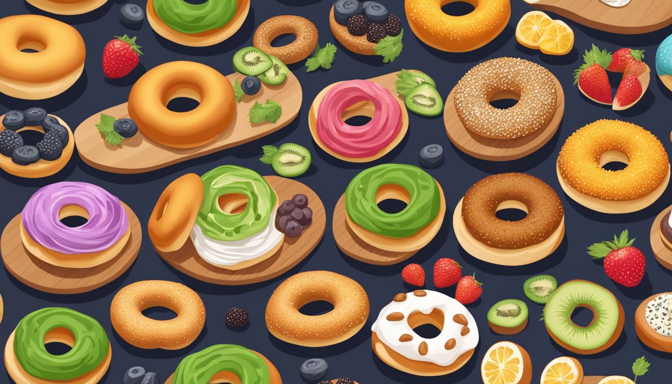 A variety of colorful, freshly baked bagels displayed on a wooden board with a selection of healthy toppings and spreads on the side