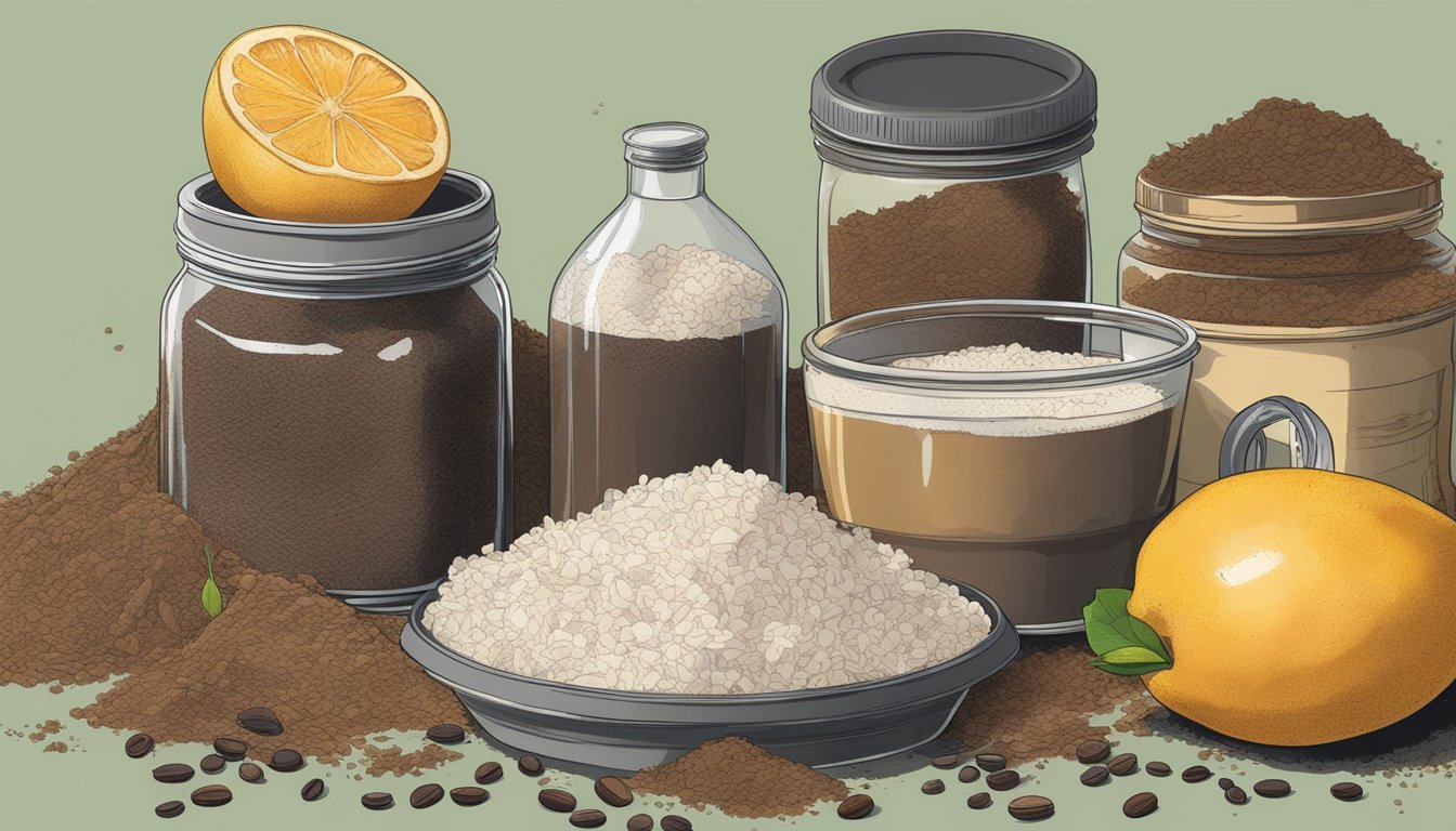 A pile of compostable materials, including fruit peels, coffee grounds, and plant clippings, with a small container of yeast nearby