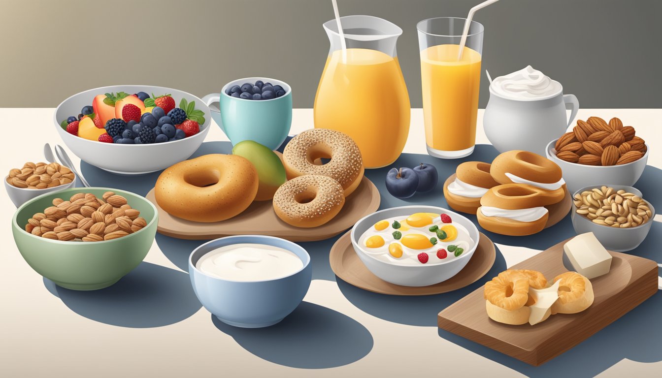 A table set with a variety of healthy breakfast options including whole grain bagels, fresh fruit, yogurt, and nuts