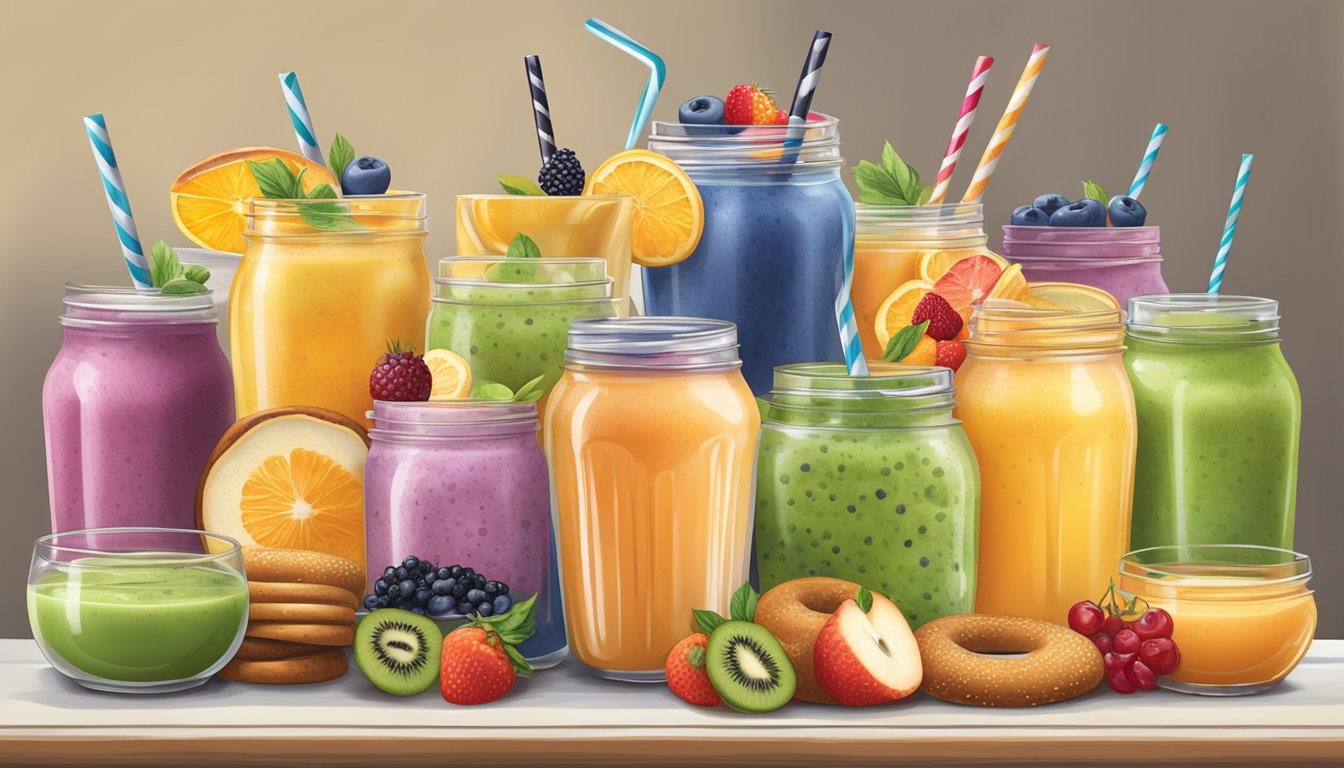 A colorful array of fresh fruit smoothies and herbal teas displayed next to a variety of whole grain bagels and low-fat spreads