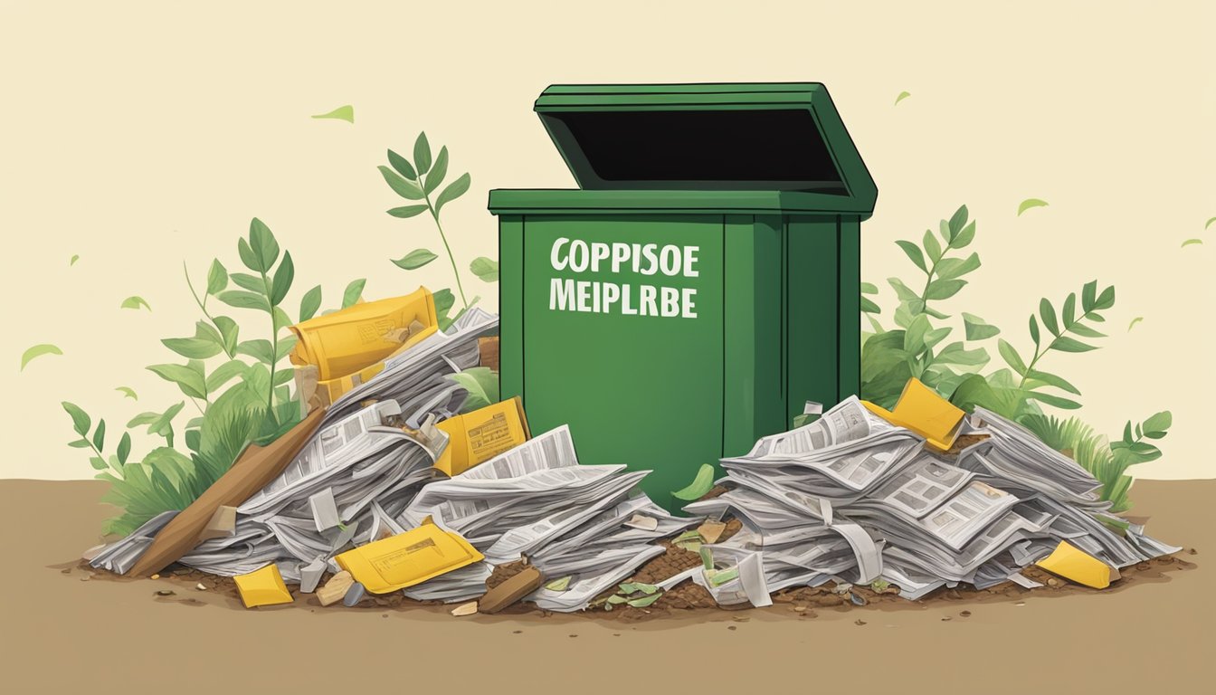 A compost bin with yellowed newspapers and a pile of compostable materials. An arrow points to the newspapers with a question mark, suggesting uncertainty