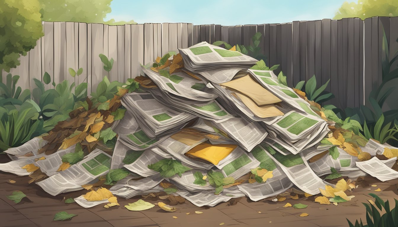 A pile of yellowed newspapers decomposing in a backyard compost bin, surrounded by other organic waste and a mix of brown and green materials