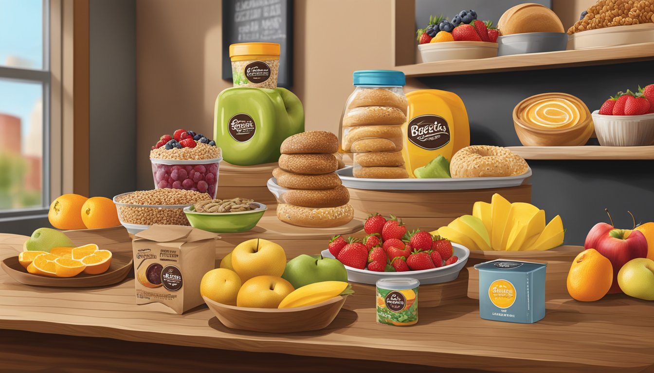 A colorful display of fresh fruits, whole grain bagels, and a variety of spreads on a wooden table at an Einstein Bagels store