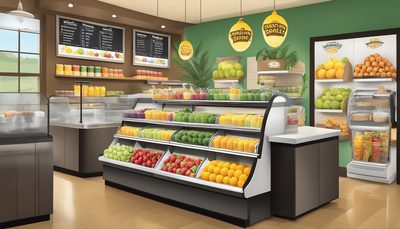 A display of fresh fruit, yogurt, and smoothies at an Einstein Bros. Bagels location, showcasing their healthy beverage options