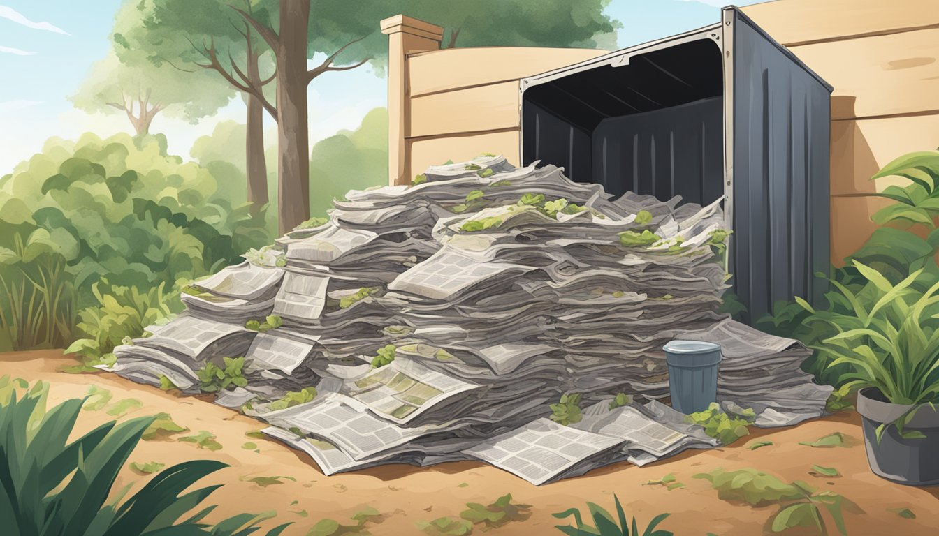 A pile of yellowed newspapers sits next to a compost bin, surrounded by greenery and other compostable materials. The newspapers show signs of decomposition, indicating successful composting