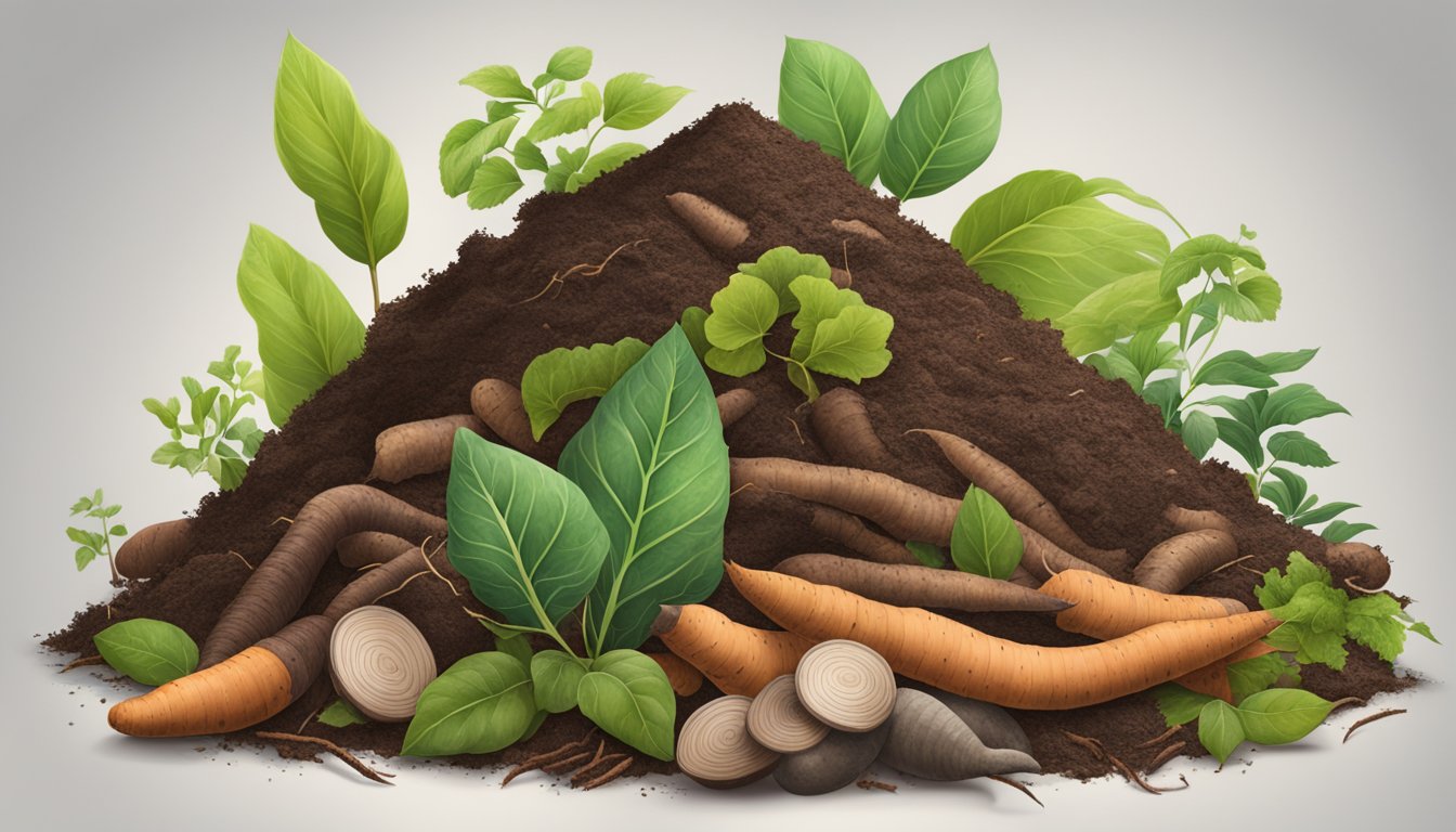 A pile of compostable materials, including yams, surrounded by greenery and earthworms