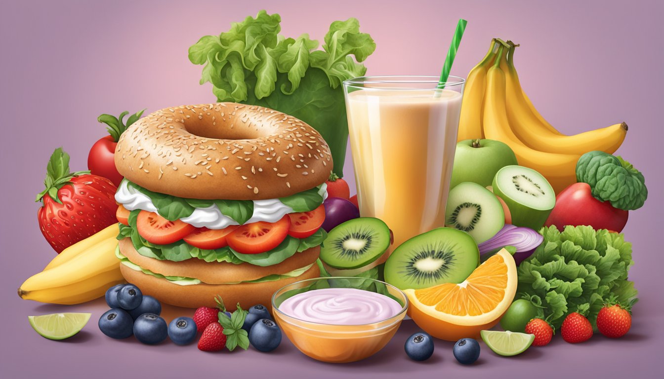 A variety of fresh, colorful vegetables and fruits arranged around a whole grain bagel, yogurt, and a smoothie