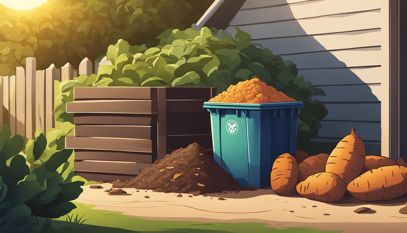 A pile of yams and other organic waste sits next to a compost bin in a backyard garden. The sun shines down on the materials, ready for decomposition