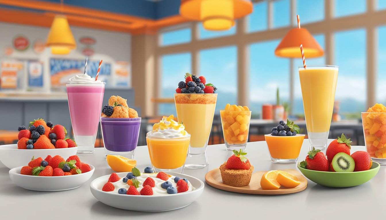 A colorful array of fresh fruits, whole grain muffins, and yogurt parfaits displayed on a vibrant, inviting breakfast bar at Whataburger