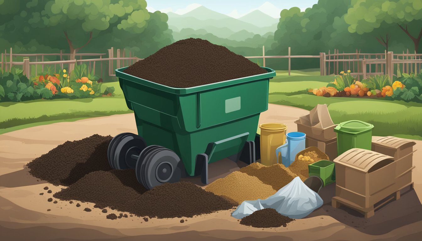 A pile of compostable materials, including leftover yeast, is being turned and mixed in a large gardening bin. The rich, dark compost is ready to be used in the garden or agricultural fields