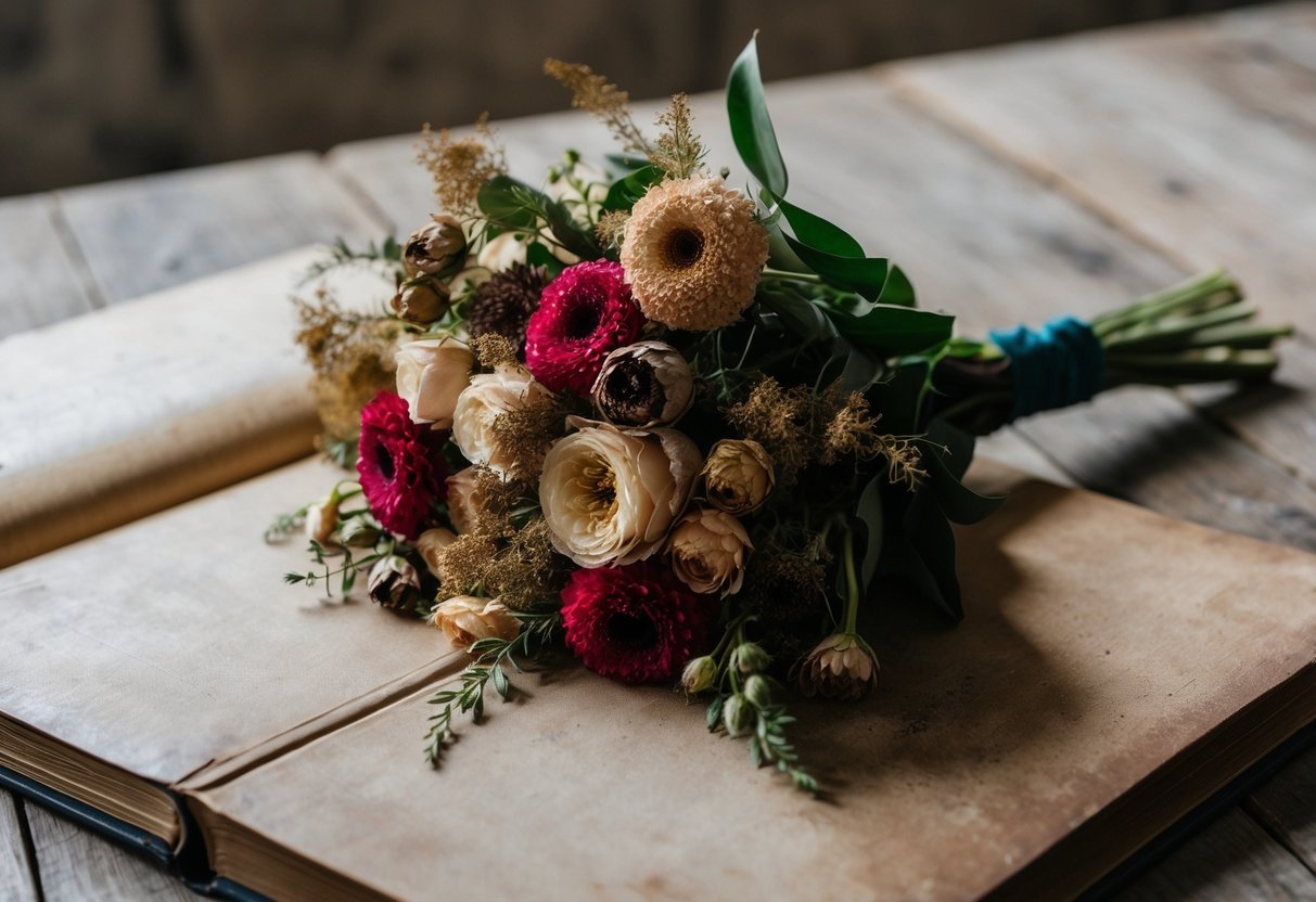 A bouquet of wilted flowers lying on a dusty wedding album