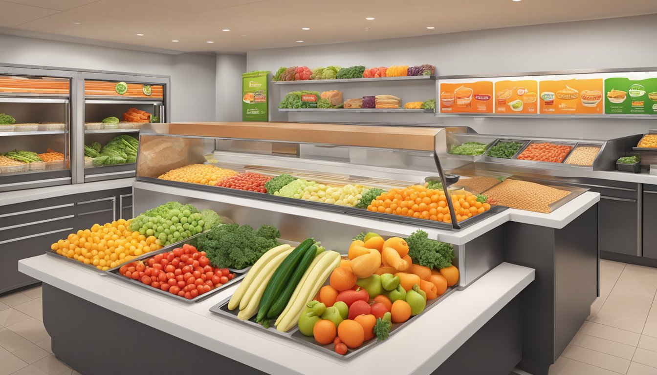 A colorful array of fresh vegetables, fruits, and whole grains displayed on a clean, modern counter at Whataburger