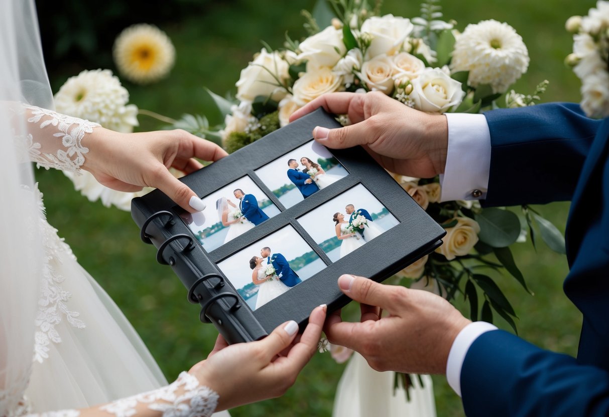 A bride and groom's hands holding a photo album, surrounded by wedding decorations and flowers