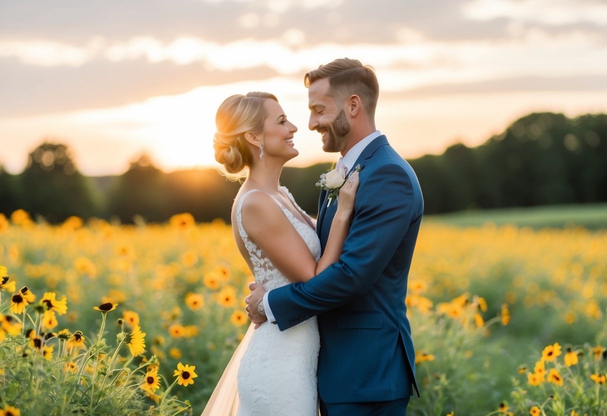A bride and groom standing in a field of wildflowers, the sun setting behind them as they embrace, smiling and looking deeply into each other's eyes