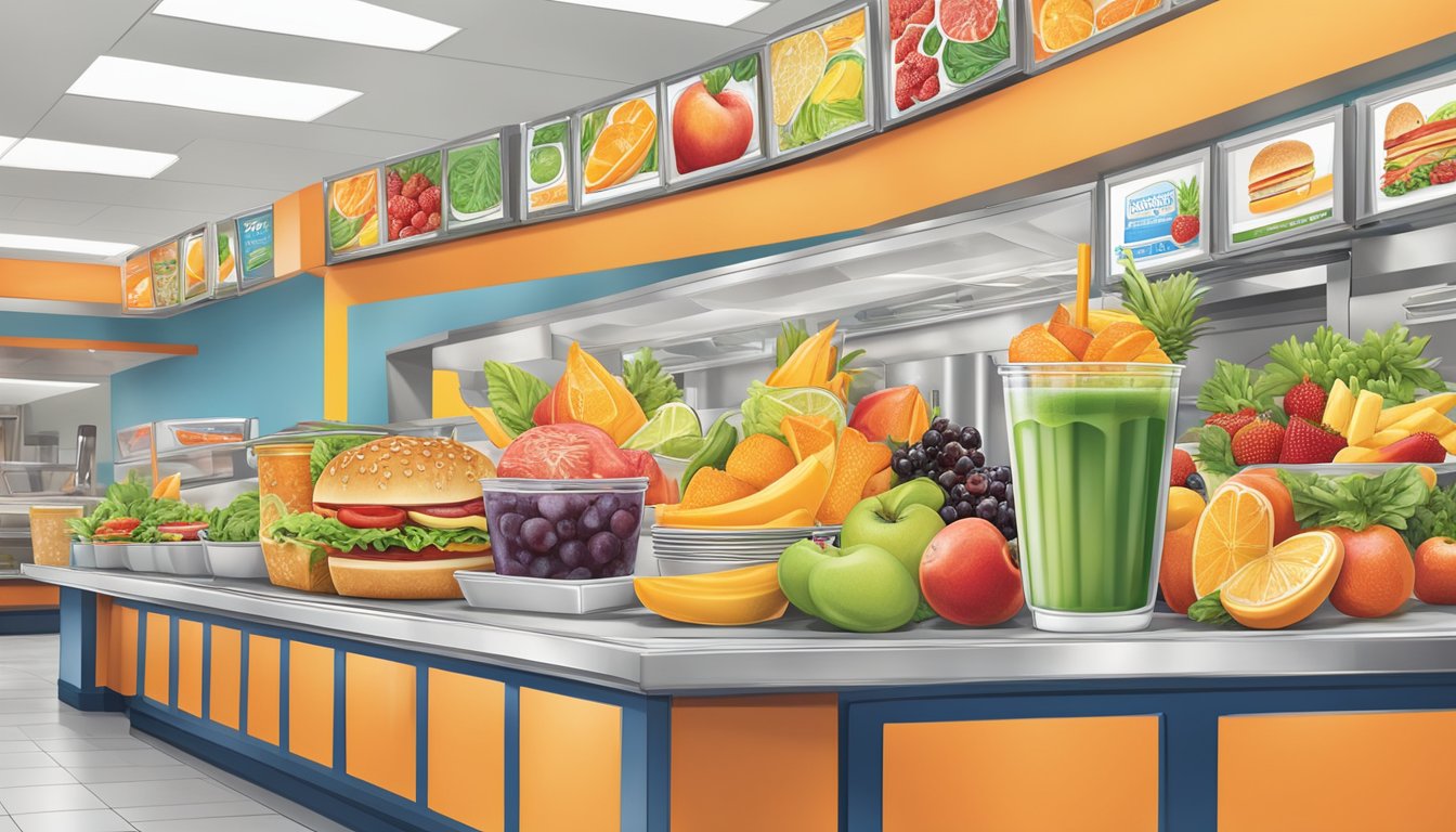 A colorful array of fresh fruit, salads, and smoothies displayed alongside traditional fast food options at a Whataburger restaurant