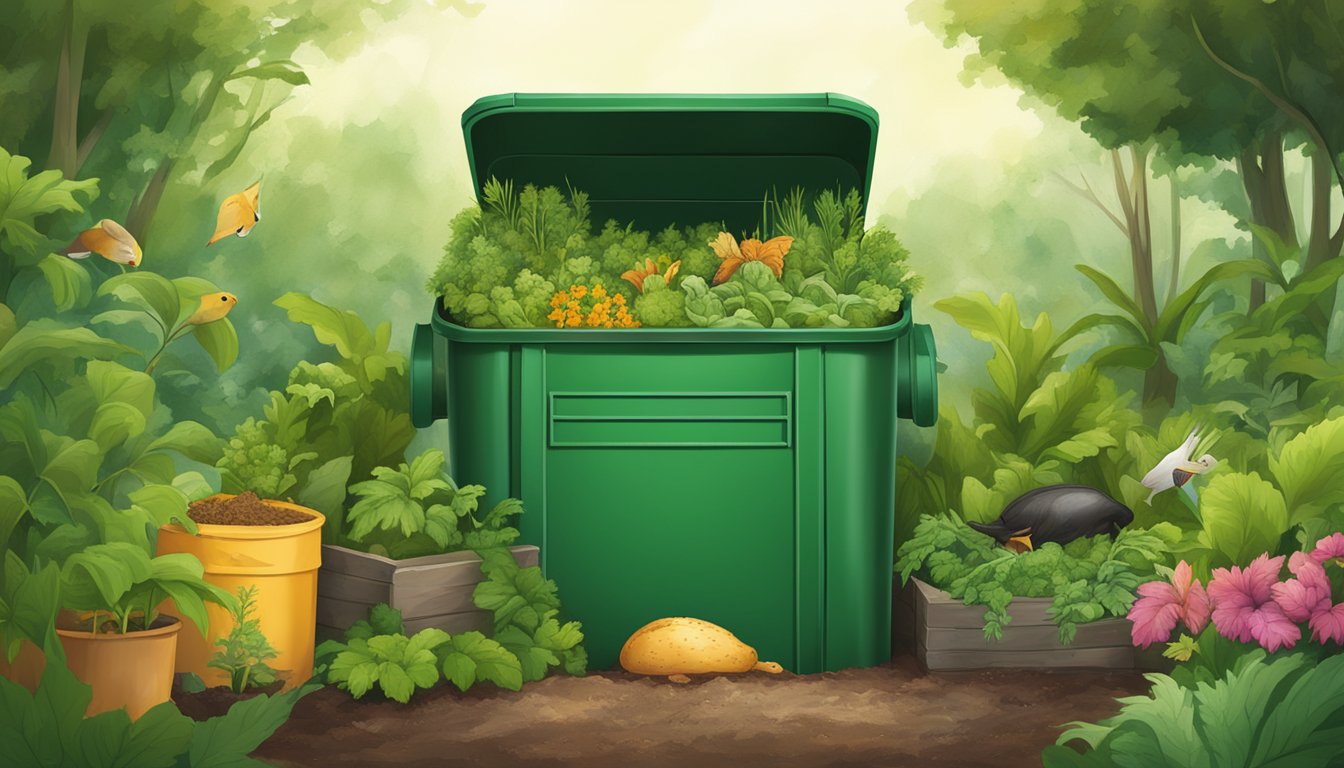 A compost bin filled with organic waste, including yeast, surrounded by green plants and thriving wildlife