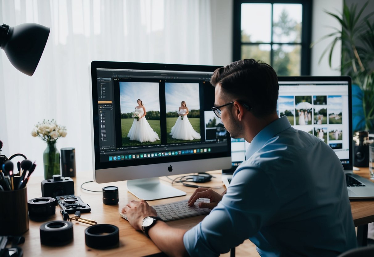 A wedding photographer meticulously editing a series of stunning wedding photos on a computer, surrounded by various editing tools and equipment