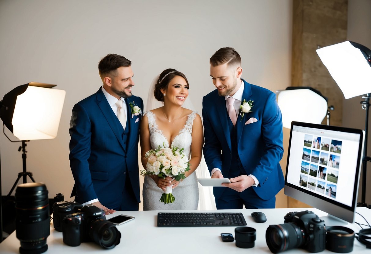 A couple in wedding attire eagerly waits as a photographer reviews and edits their photos on a computer, surrounded by camera equipment and studio lights