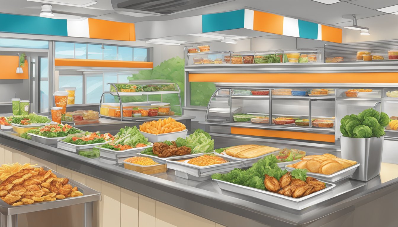 A colorful display of fresh salads, grilled chicken sandwiches, and fruit cups on a menu board at Whataburger, with a "Special Diet Accommodations" section highlighted