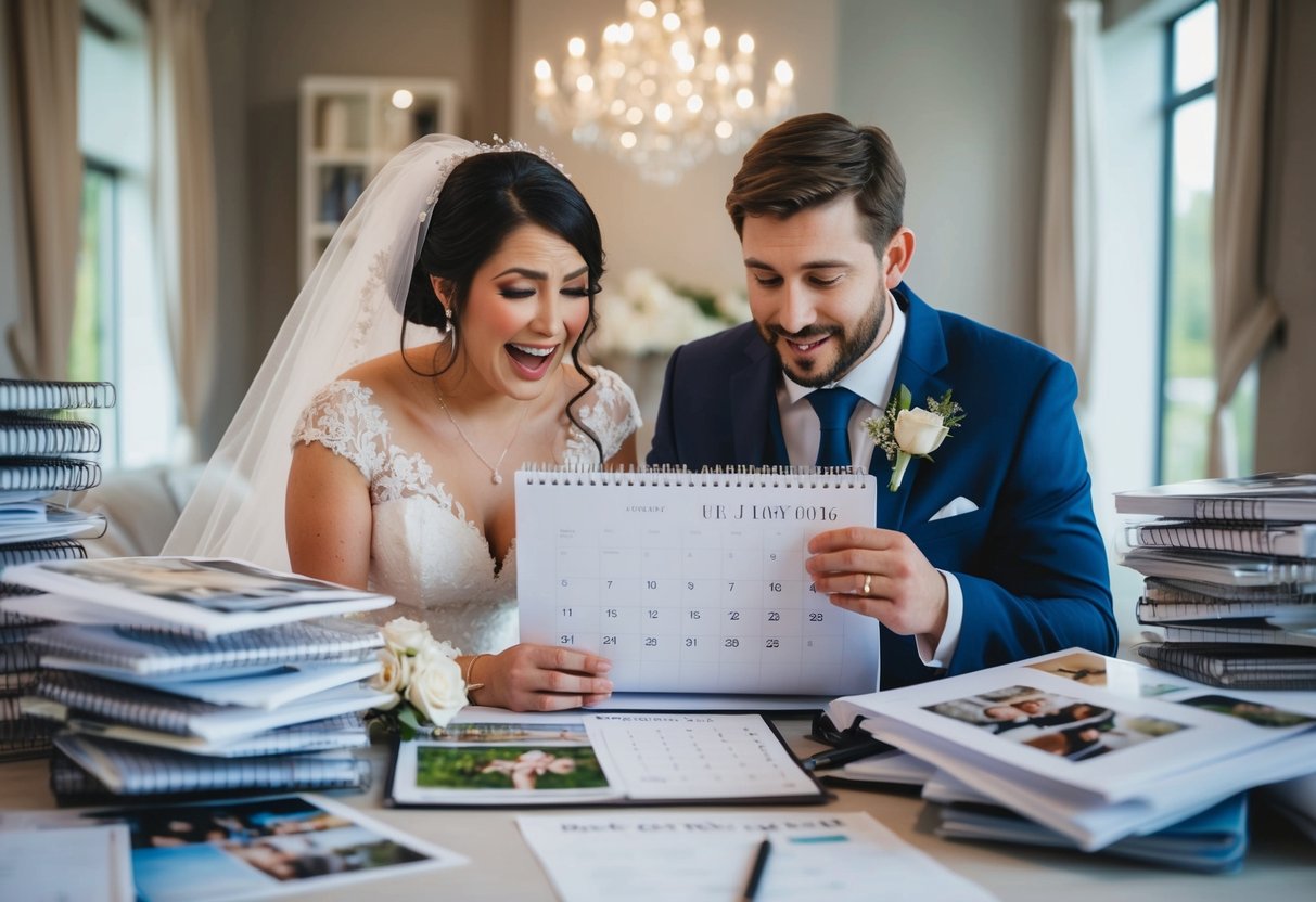 A bride and groom anxiously flipping through a calendar, surrounded by piles of wedding photos and planning materials