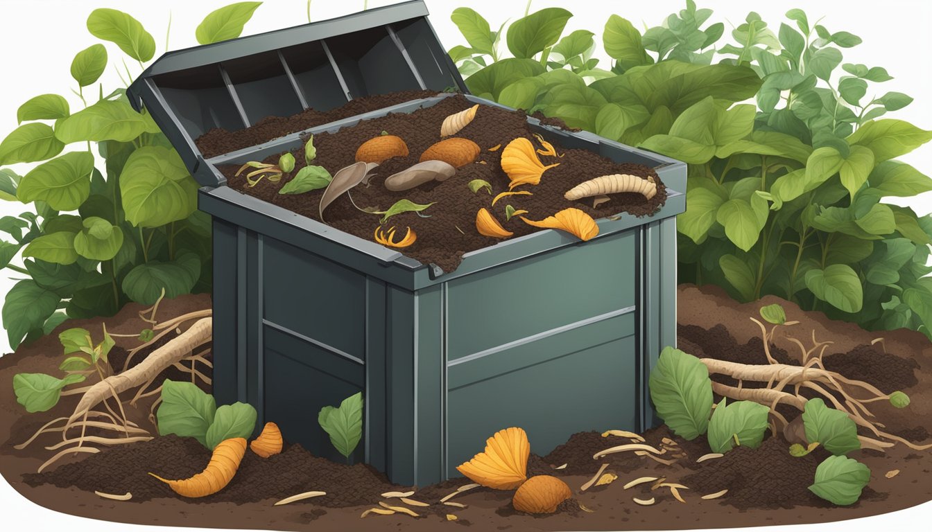 A compost bin filled with decomposing organic matter, including yam peels and scraps, surrounded by earthworms and rich, dark soil