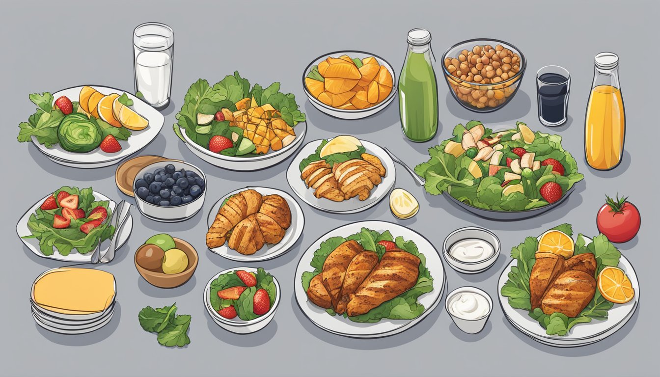 A table with various food items arranged neatly, including salads, grilled chicken, and fresh fruit. Nutritional information displayed next to each item