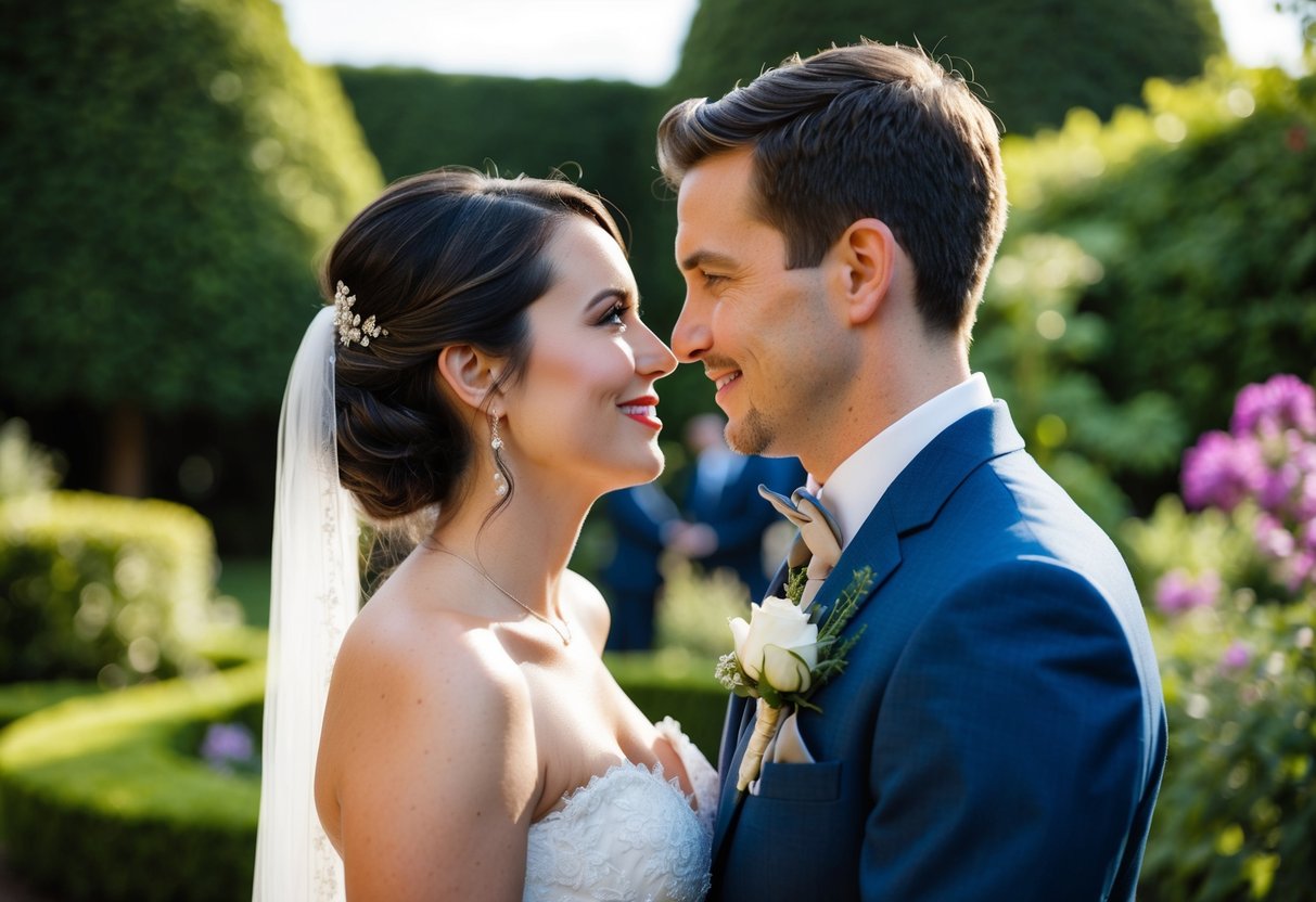 A bride and groom gaze lovingly at each other while a photographer captures their special moment in a lush garden setting