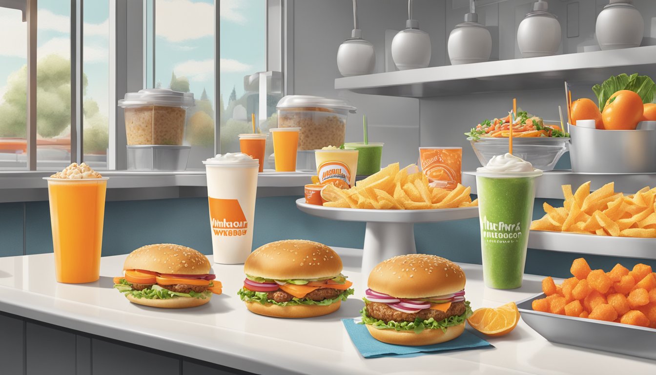 A colorful array of fresh, wholesome ingredients arranged on a clean, modern counter at a Whataburger restaurant