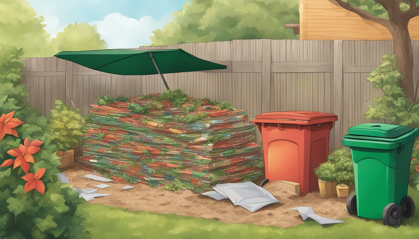 A pile of used Christmas wrapping paper being added to a compost bin in a backyard garden