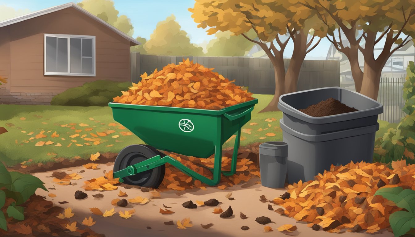 A pile of yams and compost materials in a backyard, with a compost bin nearby. Fallen leaves and twigs indicate the seasonal change