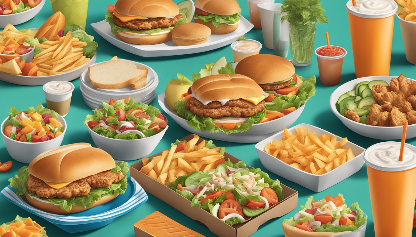 A colorful array of Whataburger menu items, including salads, grilled chicken sandwiches, and fresh fruit cups, surrounded by vibrant, fresh ingredients