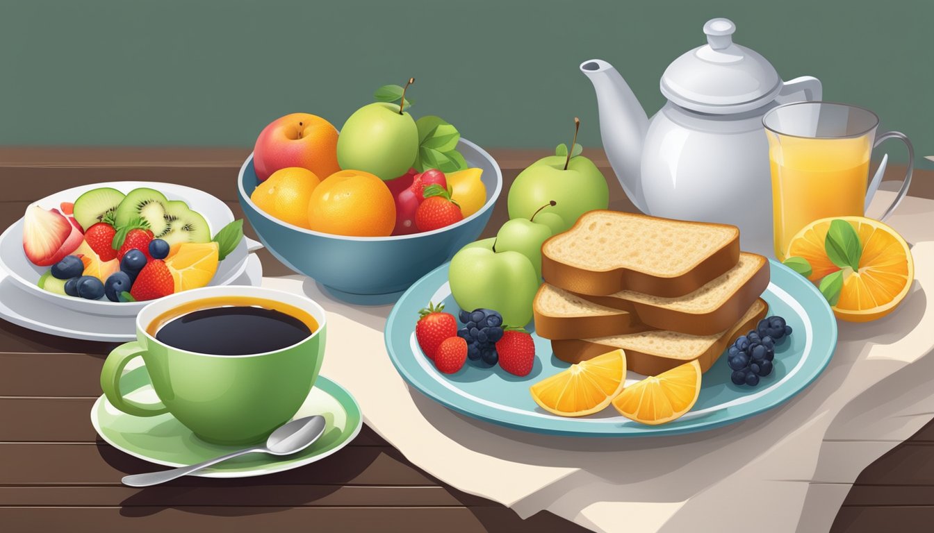 A table set with a colorful array of fresh fruits, whole grain toast, yogurt, and a steaming cup of green tea